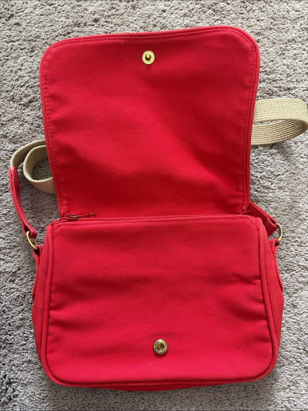 Red Canvas Crossbody Bag with Beige Strap - Picture 2 of 11